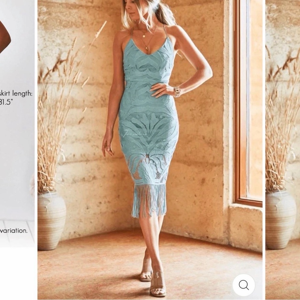 Jaus Light Blue Lace Fringe Midi Dress